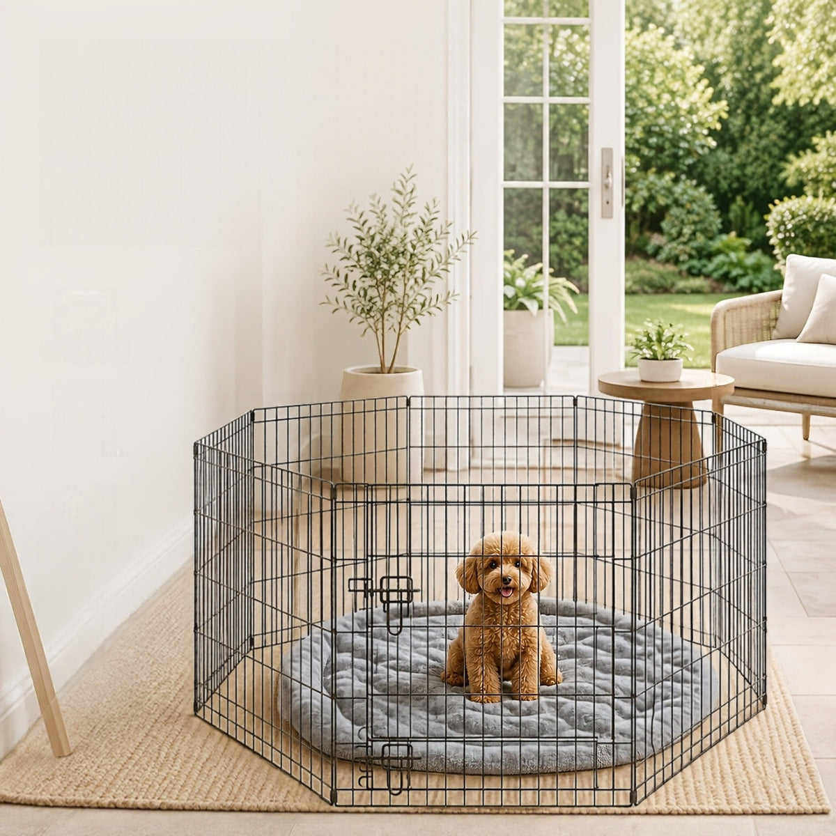 Puppy in the 8-panel playpen in a living room
