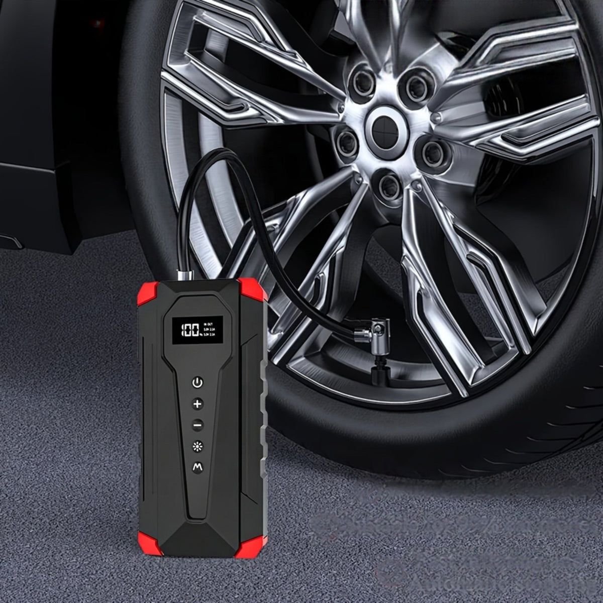 Jump starter inflating a tyre