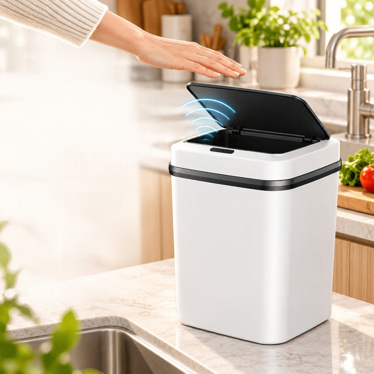 Sensor bin opening in a kitchen