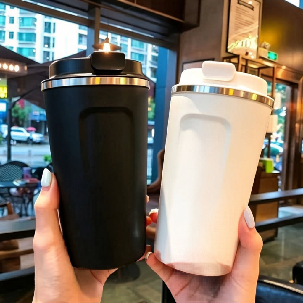 Insulated coffee travel mugs in use