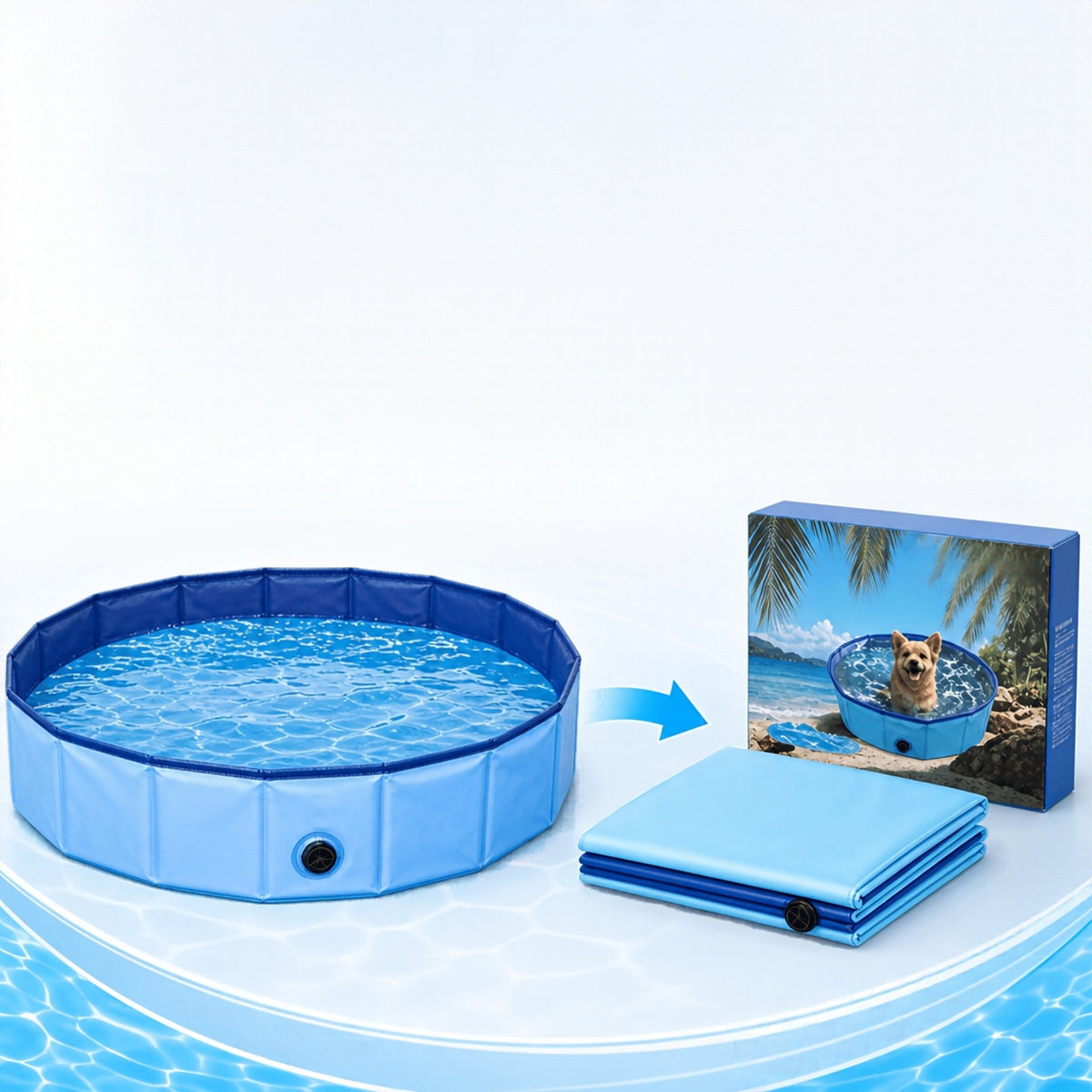Foldable dog pool and its compact folded size