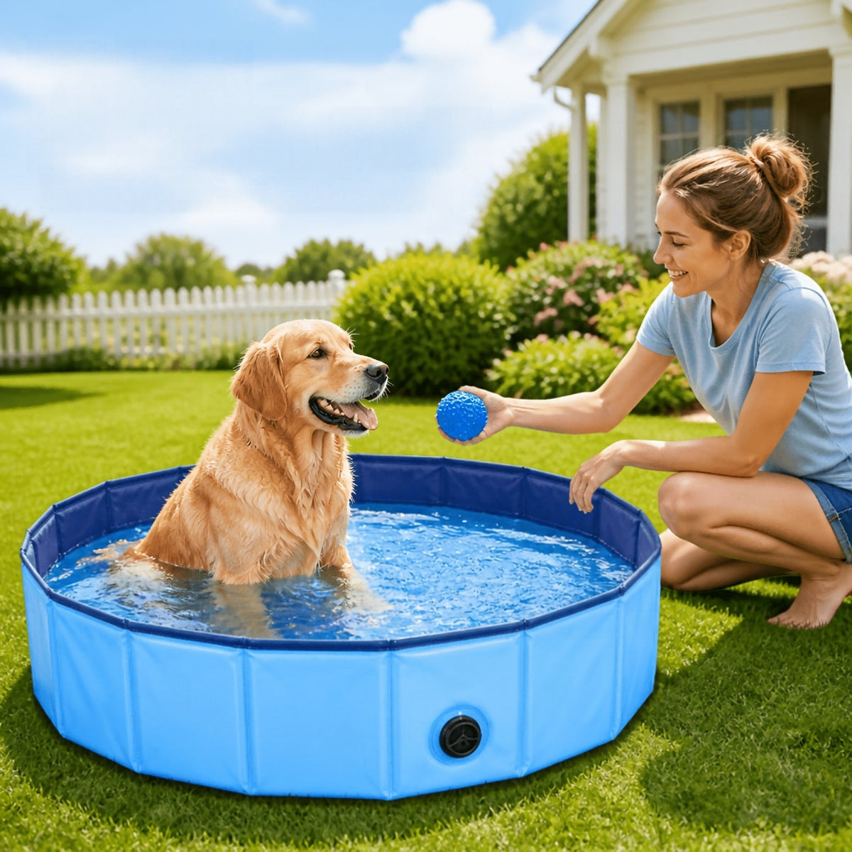 Golden retriever cooling off in the dog pool