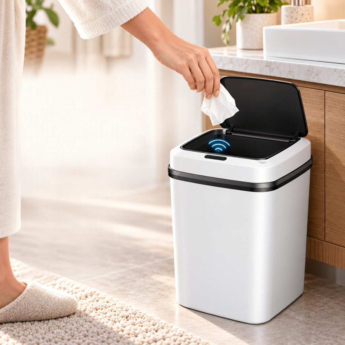 Sensor bin in a bathroom