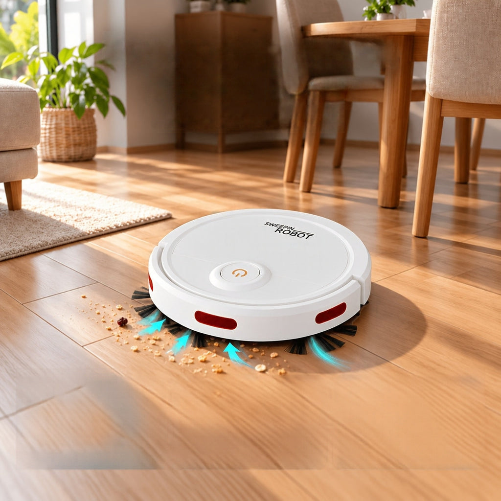 Robot vacuum picking up crumbs in a dining room