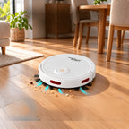 Robot vacuum picking up crumbs in a dining room