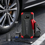 Jump starter with accessories beside a car
