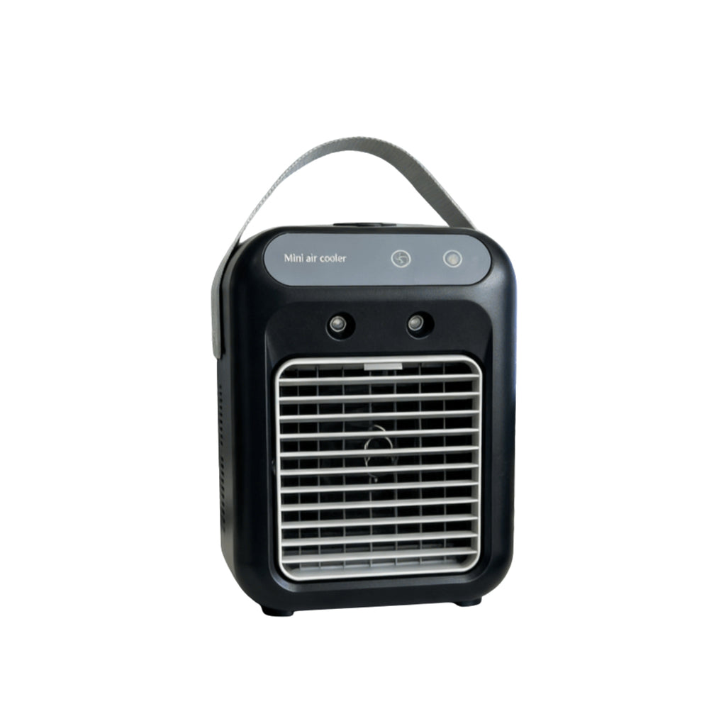 Portable mini air cooler fan in black, front view