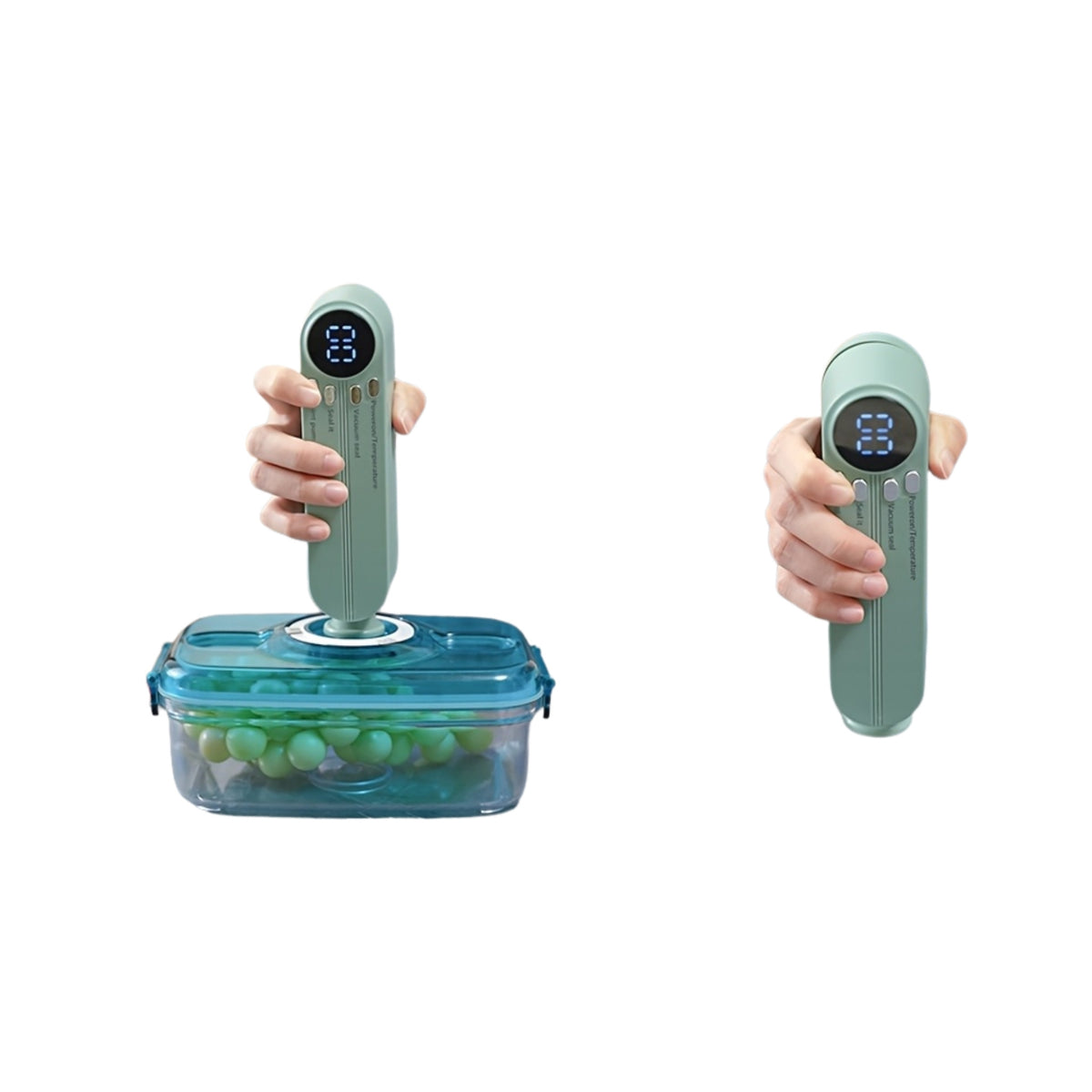 Handheld vacuum pump sealing a food container