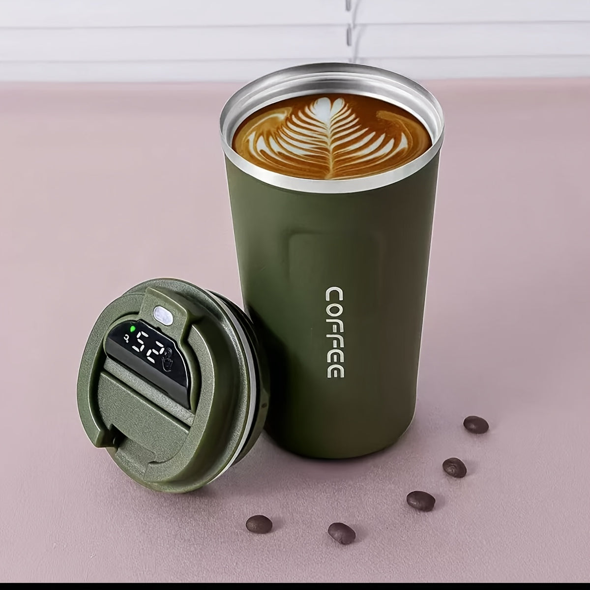 Green insulated coffee travel mug with temperature display lid