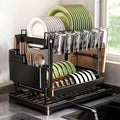 2-tier kitchen dish rack with drainage basket - black