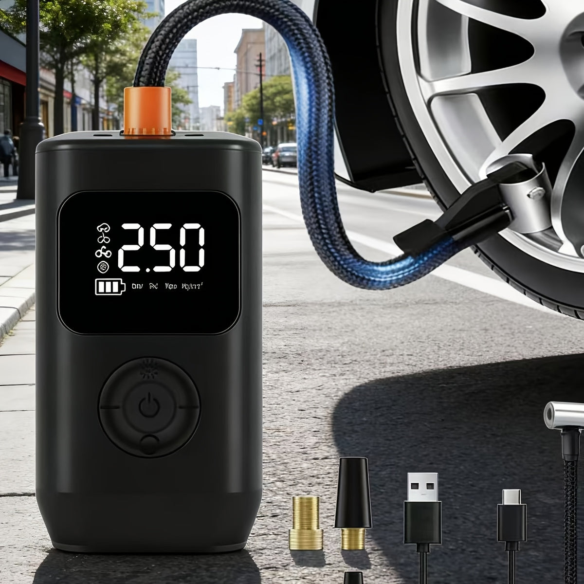 Portable wireless tyre inflator with digital display