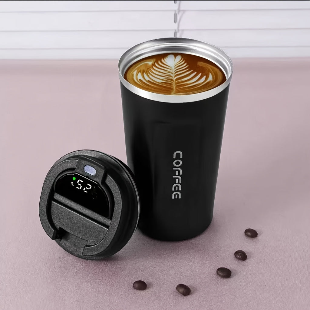 Black coffee travel mug with temperature display