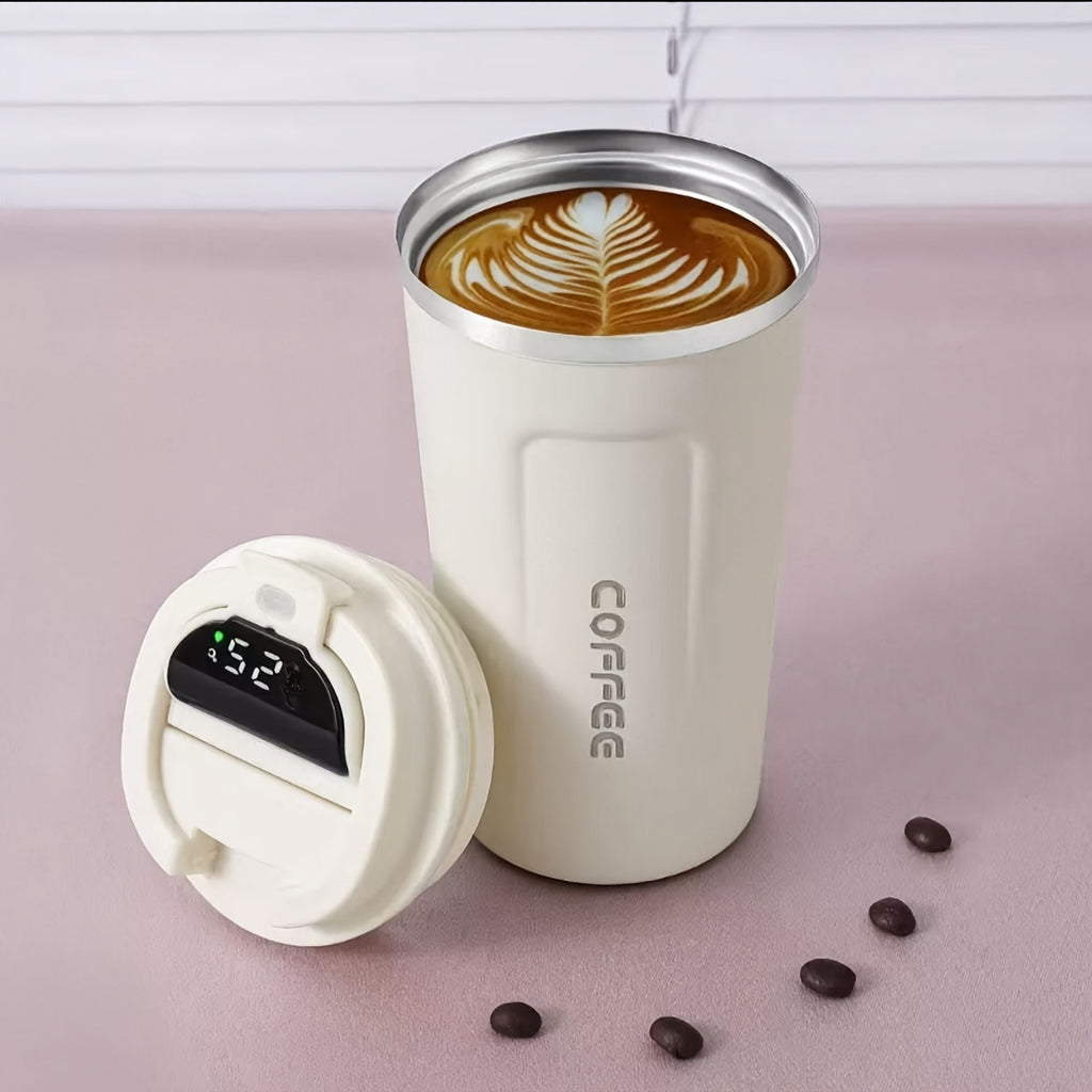 White coffee travel mug with temperature display