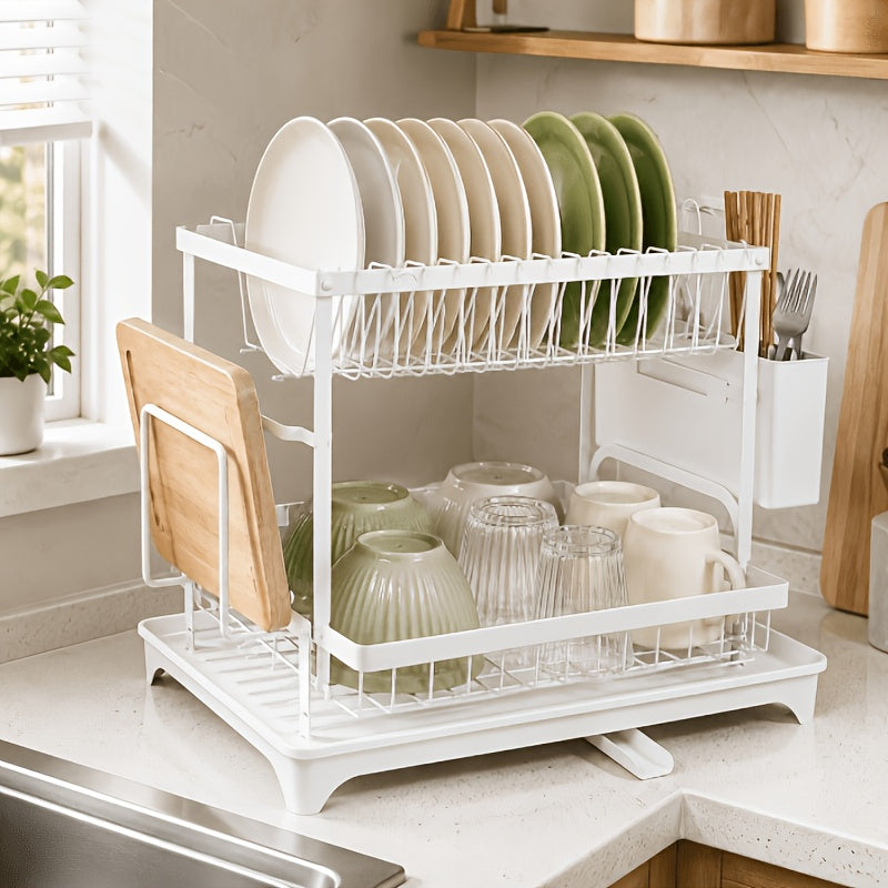 2-tier dish rack holding plates, bowls and cups