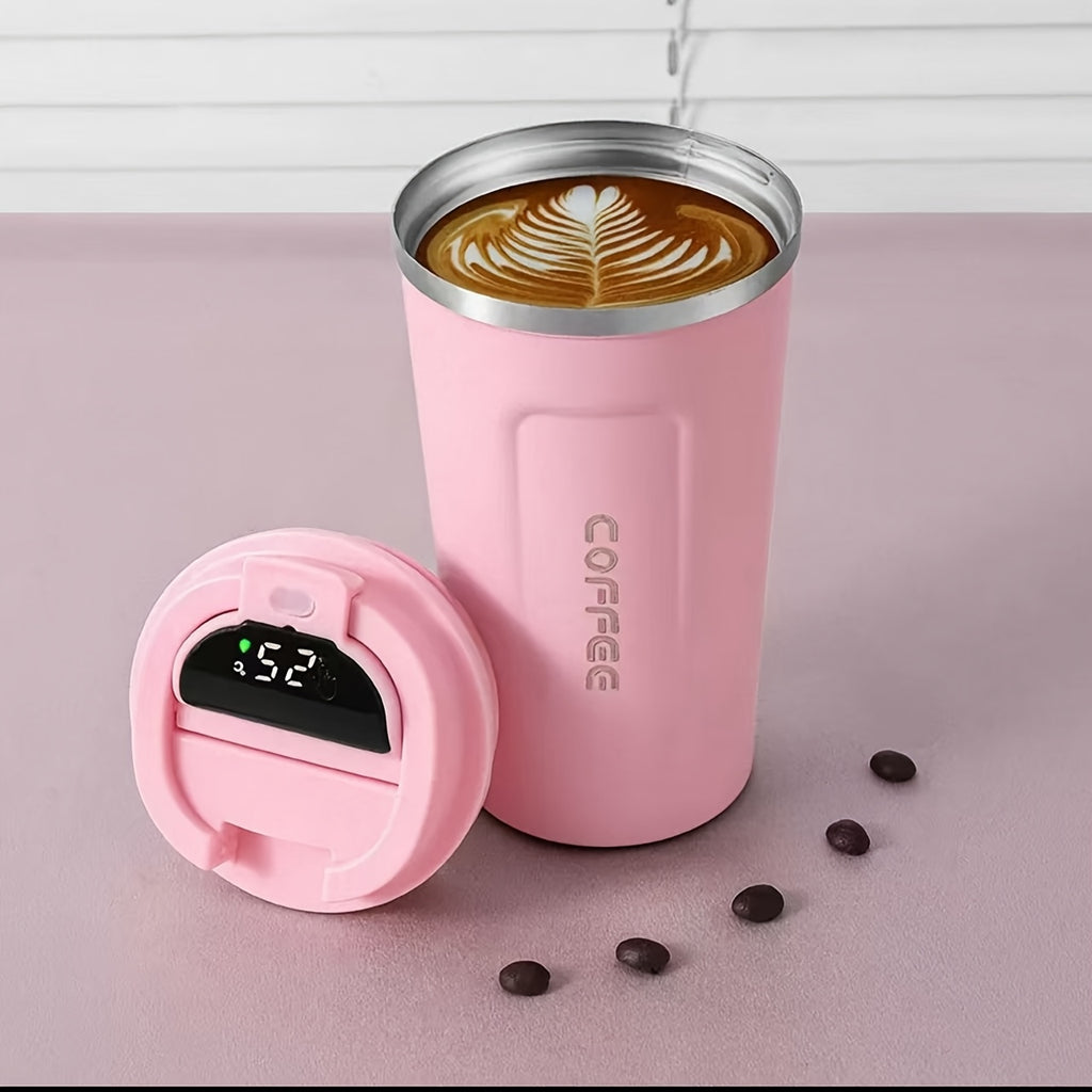Pink coffee travel mug with temperature display