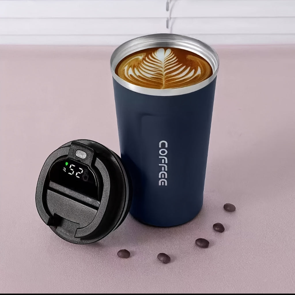 Blue coffee travel mug with temperature display