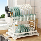 2-tier kitchen dish rack with drainage basket - white