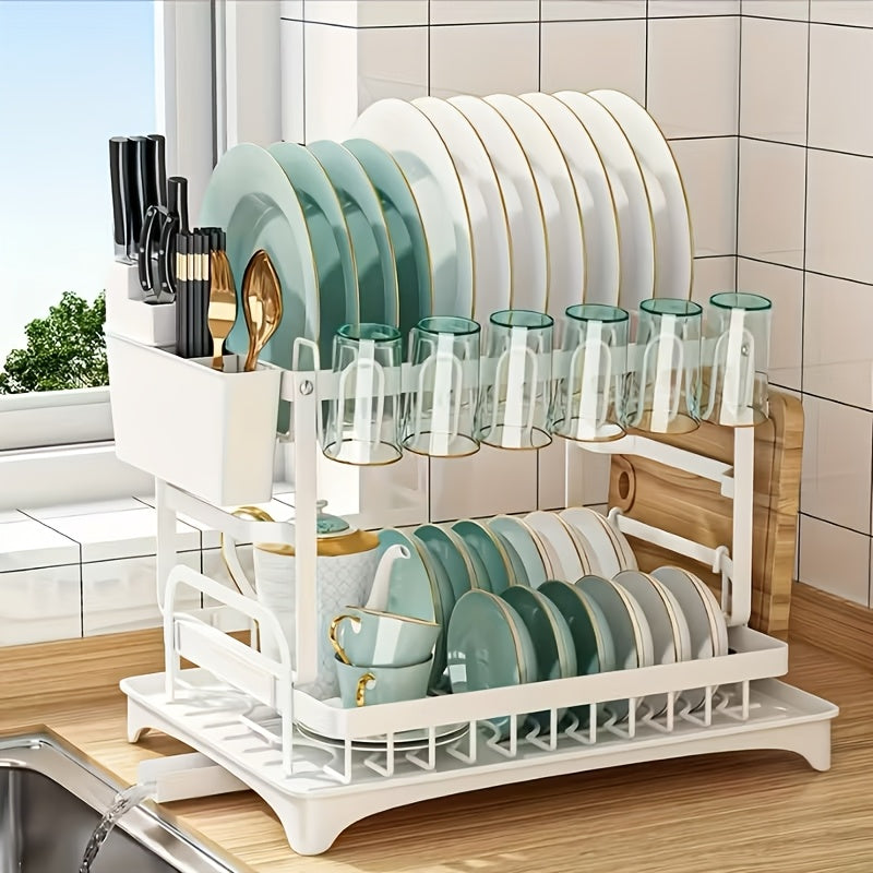 2-tier kitchen dish rack with drainage basket - white